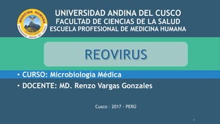 UNIVERSIDAD ANDINA DEL CUSCO
FACULTAD DE CIENCIAS DE LA SALUD
ESCUELA PROFESIONAL DE MEDICINA HUMANA
• CURSO: Microbiología Médica
• DOCENTE: MD. Renzo Vargas Gonzales
Cusco – 2017 - PERÚ
1
 