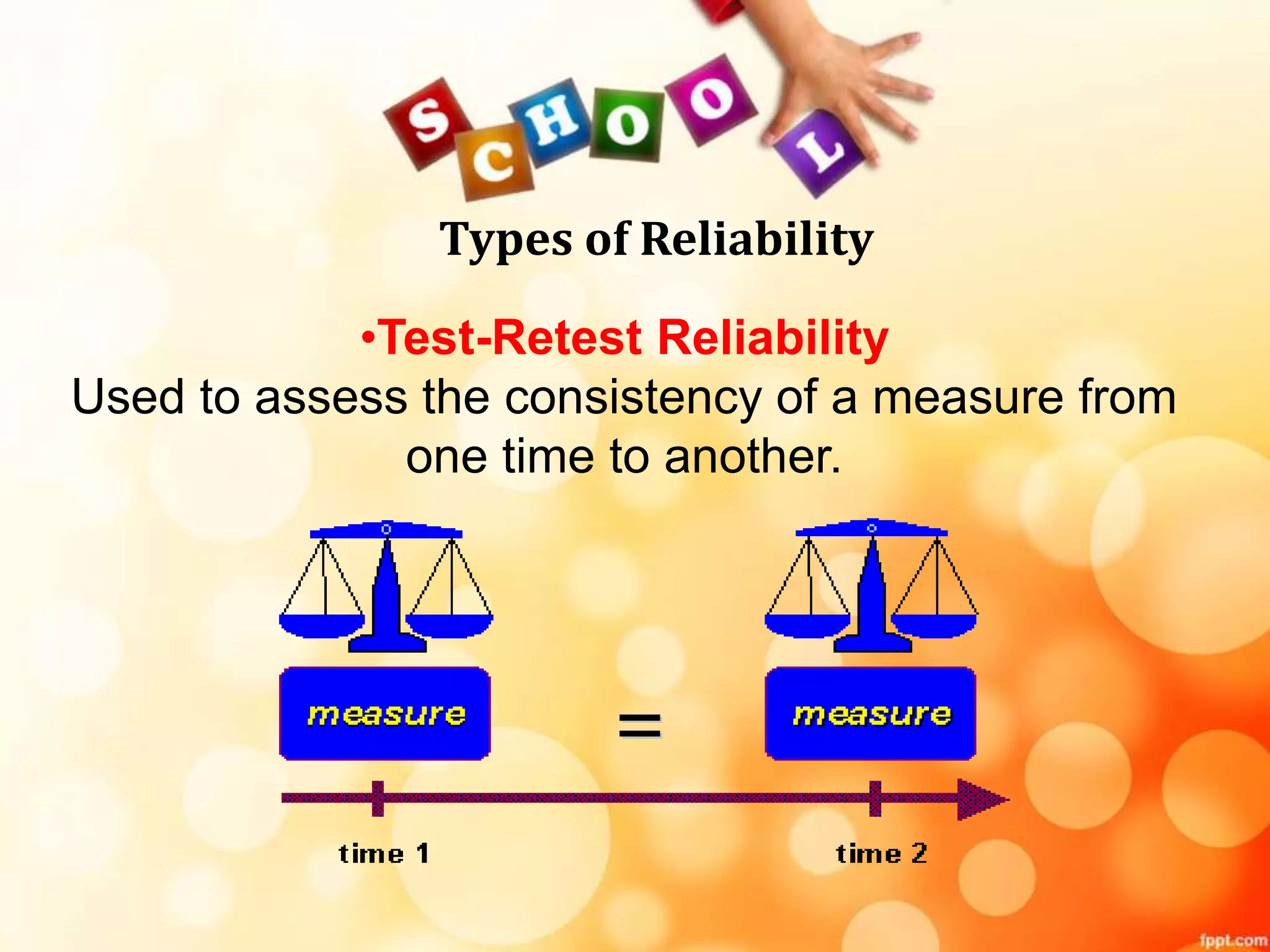 Types of Reliability 
•Test-Retest Reliability 
Used to assess the consistency of a measure from 
one time to another. 
 