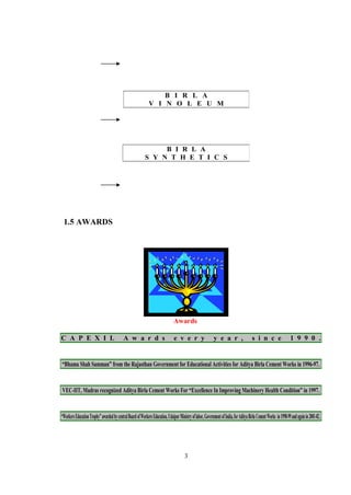 1.5 AWARDS
Awards
C A P E X I L A w a r d s e v e r y y e a r , s i n c e 1 9 9 0 .
“Bhama Shah Samman” from the Rajasthan Government for Educational Activities for Aditya Birla Cement Works in 1996-97.
VEC-IIT, Madras recognized Aditya Birla Cement Works For “Excellence In Improving Machinery Health Condition” in 1997.
“WorkersEducationTrophy”awardedbycentralBoardofWorkersEducation,UdaipurMinistryoflabor,GovernmentofIndia,forAdityaBirlaCementWorks in1998-99andagainin2001-02.
3
B I R L A
V I N O L E U M
B I R L A
S Y N T H E T I C S
 