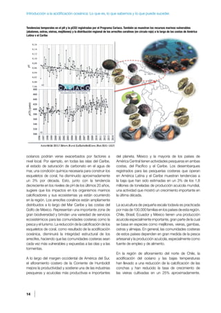 14
Introducción a la acidificación oceánica: Lo que es, lo que sabemos y lo que puede suceder.
océanos podrían verse exacerbados por factores a
nivel local. Por ejemplo, en todas las islas del Caribe,
el estado de saturación de carbonato en el agua de
mar, una condición química necesaria para construir los
esqueletos de coral, ha disminuido aproximadamente
un 3% por década. Esto, junto con la tendencia
decreciente en los niveles de pH de los últimos 20 años,
sugiere que los impactos en los organismos marinos
calcificadores y sus ecosistemas ya están ocurriendo
en la región. Los arrecifes coralinos están ampliamente
distribuidos a lo largo del Mar Caribe y las costas del
Golfo de México. Representan una importante zona de
gran biodiversidad y brindan una variedad de servicios
ecosistémicos para las comunidades costeras como la
pesca y el turismo. La reducción de la calcificación de los
esqueletos de coral, como resultado de la acidificación
oceánica, disminuirá la integridad estructural de los
arrecifes, haciendo que las comunidades costeras sean
cada vez más vulnerables y expuestas a las olas y a las
tormentas.
A lo largo del margen occidental de América del Sur,
el afloramiento costero de la Corriente de Humboldt
mejora la productividad y sostiene una de las industrias
pesqueras y acuícolas más productivas e importantes
del planeta. México y la mayoría de los países de
América Central tienen actividades pesqueras en ambas
costas, del Pacífico y el Caribe. Los desembarques
registrados para las pesquerías costeras que operan
en América Latina y el Caribe muestran tendencias a
la baja que han sido estimadas en un 3% de los 1,8
millones de toneladas de producción acuícola mundial,
una actividad que mostró un crecimiento importante en
la última década.
La acuicultura de pequeña escala todavía es practicada
por más de 100.000 familias en los países de esta región.
Chile, Brasil, Ecuador y México tienen una producción
acuícola especialmente importante, gran parte de la cual
se basa en especies como mejillones, vieiras, gambas,
ostras y almejas. En general, las comunidades costeras
de estos países dependen en gran medida de la pesca
artesanal y la producción acuícola, especialmente como
fuente de empleo y de alimento.
En la región de afloramiento del norte de Chile, la
acidificación del océano y las bajas temperaturas
han llevado a una reducción de la calcificación de las
conchas y han reducido la tasa de crecimiento de
las vieiras cultivadas en un 25% aproximadamente.
Tendencias temporales en el pH y la pCO2 registradas por el Programa Cariaco. También se muestran los recursos marinos vulnerables
(abalones, ostras, vieiras, mejillones) y la distribución regional de los arrecifes coralinos (en círculo rojo) a lo largo de las costas de América
Latina y el Caribe
 