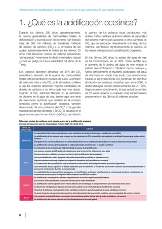 6
Introducción a la acidificación oceánica: Lo que es, lo que sabemos y lo que puede suceder.
1. ¿Qué es la acidificación oceánica?
Durante los últimos 200 años aproximadamente,
la quema generalizada de combustibles fósiles, la
deforestación y la producción de cemento han liberado
más de 500 mil millones de toneladas métricas
de dióxido de carbono (CO2
) a la atmósfera de las
cuales aproximadamente la mitad en los últimos 30
años. Esta liberación masiva de carbono previamente
“almacenado” incrementa el efecto invernadero natural
y pone en peligro la futura estabilidad del clima de la
Tierra.
Los océanos absorben alrededor del 27% del CO2
atmosférico derivado de la quema de combustibles
fósiles y de los cambios en los usos del suelo. La emisión
de cada vez más y más CO2
en la atmósfera, conlleva
a que los océanos absorban mayores cantidades de
dióxido de carbono a un ritmo cada vez más rápido.
Cuando el CO2
adicional liberado en la atmósfera
se disuelve en el agua de mar, tienen lugar una serie
de reacciones químicas que resultan en el proceso
conocido como la acidificación oceánica, también
denominado “el otro problema del CO2
” o “el gemelo
malvado del cambio climático”). El CO2
se disuelve en el
agua de mar para formar ácido carbónico, cambiando
la química de los océanos hacia condiciones más
ácidas. Estos cambios químicos alteran la capacidad
del sistema marino para ajustarse a otros cambios de
CO2
que se producen naturalmente a lo largo de los
milenios, cambiando significativamente la química de
los mares y llevando a una acidificación progresiva.
En los últimos 200 años, la acidez del agua de mar
se ha incrementado en un 30%. Cabe señalar que
el aumento de la acidez del agua de mar reduce el
estado natural “básico” o “alcalino” de los océanos y
fuerza artificialmente el equilibrio ácido/base del agua
de mar hacia un medio más ácido. Las proyecciones
futuras, si las emisiones de CO2
continúan sin disminuir
(Evolución sin cambios), muestran que, en el 2060, la
acidez del agua de mar podría aumentar en un 120%.
Según nuestro conocimiento, la tasa actual de cambio
es 10 veces superior a cualquier cosa experimentada
previamente en los últimos 55 millones de años.
Diferentes niveles de confianza en la ciencia acerca de la acidificación oceánica.
Derivado del Resumen para los Responsables Políticos IGBP, IOC, SCOR 2013.
NIVEL DE
CONFIANZA
CIENCIA
MUY ALTO
La capacidad de los océanos para actuar como sumideros de carbono disminuye a medida que se acidifica
La acidificación de los océanos está causada por las emisiones de CO2 atmosférico derivadas de la actividad humana que acaban en los
océanos
El legado de las emisiones históricas de combustibles fósiles en la acidificación del océano se seguirá sintiendo durante siglos
La acidificación oceánica antropogénica se está produciendo actualmente y se puede cuantificar
La reducción de las emisiones de CO2 ralentizará el avance de la acidificación
ALTO
Los océanos se están acidificando más rápidamente que lo han hecho millones de años atrás
Factores de estrés múltiples provocan los efectos de la acidificación de los océanos
Las comunidades de corales de aguas frías están amenazadas y podrían no sostenerse más
Algunas praderas marinas y fitoplancton se podrían beneficiar de la acidificación oceánica
La combinación de la acidificación y de la temperatura del océano afecta negativamente a muchos organismos
Si las emisiones de CO2
siguen en la misma trayectoria que actualmente, la erosión de los arrecifes coralinos superará probablemente su
proceso de construcción durante el presente siglo
La variabilidad de las respuestas de las especies a la acidificación oceánica y otros factores de estrés puede conducir a cambios en los
ecosistemas marinos, pero la magnitud de los impactos es difícil de predecir
MEDIO
La acidificación antropogénica afectará negativamente a muchos organismos calcificadores
Las conchas de los pterópodos (caracoles marinos) ya se están disolviendo
La acidificación oceánica podría tener efectos directos en la fisiología, el comportamiento y la resistencia de los peces
La fijación de nitrógeno por algunas cianobacterias podría verse estimulada por la acidificación oceánica
El declive de industria marisquera llevará a pérdidas económicas, pero la magnitud de estas pérdidas es incierta
Se prevé impactos socioeconómicos negativos de la degradación de los arrecifes coralinos, pero la magnitud del costo es incierta
BAJO
Los impactos de la acidificación oceánica en los ecosistemas podría afectar a los grandes predadores y a la pesca
La acidificación del océano alterará los ciclos biogeoquímicos a escala global
 