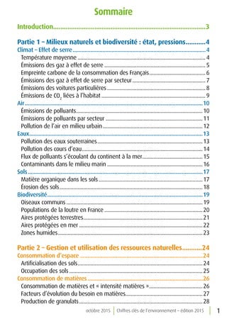 1octobre 2015 Chiffres clés de l’environnement – édition 2015
Sommaire
Introduction.....................................................................................3
Partie 1 – Milieux naturels et biodiversité : état, pressions............4
Climat – Effet de serre..........................................................................................4
Température moyenne............................................................................................4
Émissions des gaz à effet de serre.........................................................................5
Empreinte carbone de la consommation des Français.........................................6
Émissions des gaz à effet de serre par secteur.....................................................7
Émissions des voitures particulières.......................................................................8
Émissions de CO2
liées à l’habitat...........................................................................9
Air........................................................................................................................10
Émissions de polluants...........................................................................................10
Émissions de polluants par secteur......................................................................11
Pollution de l’air en milieu urbain........................................................................12
Eaux.....................................................................................................................13
Pollution des eaux souterraines............................................................................13
Pollution des cours d’eau.......................................................................................14
Flux de polluants s’écoulant du continent à la mer............................................15
Contaminants dans le milieu marin.....................................................................16
Sols......................................................................................................................17
Matière organique dans les sols...........................................................................17
Érosion des sols.......................................................................................................18
Biodiversité.........................................................................................................19
Oiseaux communs..................................................................................................19
Populations de la loutre en France.......................................................................20
Aires protégées terrestres......................................................................................21
Aires protégées en mer.........................................................................................22
Zones humides........................................................................................................23
Partie 2 – Gestion et utilisation des ressources naturelles............24
Consommation d’espace...................................................................................24
Artificialisation des sols..........................................................................................24
Occupation des sols................................................................................................25
Consommation de matières..............................................................................26
Consommation de matières et « intensité matières ».......................................26
Facteurs d’évolution du besoin en matières.......................................................27
Production de granulats.........................................................................................28
 