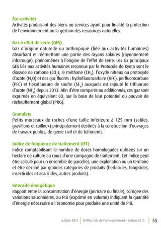 55octobre 2015 Chiffres clés de l’environnement – édition 2015
Éco-activités
Activités produisant des biens ou services ayant pour finalité la protection
de l’environnement ou la gestion des ressources naturelles.
Gaz à effet de serre (GES)
Gaz d’origine naturelle ou anthropique (liée aux activités humaines)
absorbant et réémettant une partie des rayons solaires (rayonnement
infrarouge), phénomènes à l’origine de l’effet de serre. Les six principaux
GES liés aux activités humaines reconnus par le Protocole de Kyoto sont le
dioxyde de carbone (CO2
), le méthane (CH4
), l’oxyde nitreux ou protoxyde
d’azote (N2
O) et des gaz fluorés : hydrofluorocarbure (HFC), perfluorocarbure
(PFC) et hexafluorure de soufre (SF6
) auxquels est rajouté le trifluorure
d’azote (NF3
) depuis 2013. Afin d’être comparés ou additionnés, ces gaz sont
exprimés en équivalent CO2
sur la base de leur potentiel ou pouvoir de
réchauffement global (PRG).
Granulats
Petits morceaux de roches d’une taille inférieure à 125 mm (sables,
gravillons et cailloux) principalement destinés à la construction d’ouvrages
de travaux publics, de génie civil et de bâtiments.
Indice de fréquence de traitement (IFT)
Indice comptabilisant le nombre de doses homologuées utilisées sur un
hectare de culture au cours d’une campagne de traitement. Cet indice peut
être calculé pour un ensemble de parcelles, une exploitation ou un territoire
et être décliné par grandes catégories de produits (herbicides, fongicides,
insecticides et acaricides, autres produits).
Intensité énergétique
Rapport entre la consommation d’énergie (primaire ou finale), corrigée des
variations saisonnières, au PIB (exprimé en volume) indiquant la quantité
d’énergie nécessaire à l’économie pour produire une unité de PIB.
 