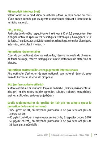 57octobre 2015 Chiffres clés de l’environnement – édition 2015
PIB (produit intérieur brut)
Valeur totale de la production de richesses dans un pays donné au cours
d’une année donnée par les agents économiques résidant à l’intérieur du
territoire national.
PM10
et PM2,5
Particules de diamètre respectivement inférieur à 10 et 2,5 µm pouvant être
d’origine naturelle (poussières désertiques, volcaniques, biologiques, feux
de forêt…) ou dues aux activités humaines (chauffage, centrales électriques,
industries, véhicules à moteur…).
Protections réglementaires
Cœur de parc national, réserves naturelles, réserve nationale de chasse et
de faune sauvage, réserve biologique et arrêté préfectoral de protection de
biotope.
Protections contractuelles et engagements internationaux
Aire optimale d’adhésion de parc national, parc naturel régional, zone
humide Ramsar et réserve de biosphère.
SAU (surface agricole utilisée)
Surface constituée des surfaces toujours en herbe (prairies permanentes et
alpages) et des terres arables (grandes cultures, cultures maraîchères,
prairies artificielles, surfaces en jachères).
Seuils réglementaires de qualité de l’air pris en compte (pour la
protection de la santé humaine)
– 125 µg/m3
de SO2
en moyenne journalière à ne pas dépasser plus de
3 jours par an ;
– 40 µg/m3
de NO2
en moyenne par année civile, à respecter depuis 2010,
50 µg/m3
en PM10
en moyenne journalière à ne pas dépasser plus de
35 jours par année civile ;
 