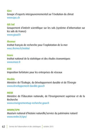 62 Service de l’observation et des statistiques octobre 2015
Giec
Groupe d’experts intergouvernemental sur l’évolution du climat
www.ipcc.ch
GIS Sol
Groupement d’intérêt scientifique sur les sols (système d’information sur
les sols de France)
www.gissol.fr
Ifremer
Institut français de recherche pour l’exploitation de la mer
wwz.ifremer.fr/institut
Insee
Institut national de la statistique et des études économiques
www.insee.fr
IFER
Imposition forfaitaire pour les entreprises de réseaux
Medde
Ministère de l’Écologie, du Développement durable et de l’Énergie
www.developpement-durable.gouv.fr
MESR
Ministère de l’Éducation nationale, de l’Enseignement supérieur et de la
Recherche
www.enseignementsup-recherche.gouv.fr
MNHN/SPN
Muséum national d’histoire naturelle/service du patrimoine naturel
www.mnhn.fr/spn/
 