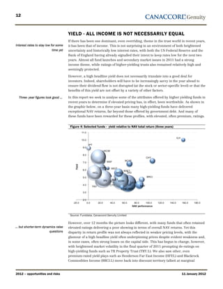 12



                                       YIELD - ALL INCOME IS NOT NECESSARILY EQUAL
                                       If there has been one dominant, even overriding, theme in the trust world in recent years,
Interest rates to stay low for some    it has been that of income. This is not surprising in an environment of both heightened
                            time yet   uncertainty and historically low interest rates, with both the US Federal Reserve and the
                                       Bank of England having already signalled their intent to keep rates low for the next two
                                       years. Almost all fund launches and secondary market issues in 2011 had a strong
                                       income theme, while ratings of higher-yielding trusts also remained relatively high and
                                       seemingly protected.

                                       However, a high headline yield does not necessarily translate into a good deal for
                                       investors. Indeed, shareholders will have to be increasingly savvy in the year ahead to
                                       ensure their dividend flow is not disrupted (at the stock or sector-specific level) or that the
                                       benefits of this yield are not offset by a variety of other factors.

  Three- year figures look good …      In this report we seek to analyse some of the attributes offered by higher yielding funds in
                                       recent years to determine if elevated pricing has, in effect, been worthwhile. As shown in
                                       the graphic below, on a three-year basis many high-yielding funds have delivered
                                       exceptional NAV returns, far beyond those offered by government debt. And many of
                                       these funds have been rewarded for these profiles, with elevated, often premium, ratings.


                                        Figure 4: Selected funds - yield relative to NAV total return (three years)




                                        Source: Funddata, Canaccord Genuity Limited

                                       However, over 12 months the picture looks different, with many funds that often retained
… but shorter-term dynamics raise      elevated ratings delivering a poor showing in terms of overall NAV returns. Yet this
                       questions       disparity in return profile was not always reflected in weaker pricing levels, with the
                                       glamour of a high headline yield often underpinning prices despite evident weakness and,
                                       in some cases, often strong losses on the capital side. This has begun to change, however,
                                       with heightened market volatility in the final quarter of 2011 prompting de-ratings on
                                       high-yielding funds such as TR Property Trust (TRY.L). We also saw other, even
                                       premium-rated yield plays such as Henderson Far East Income (HFEL) and Blackrock
                                       Commodities Income (BRCI.L) move back into discount territory (albeit at marginal



2012 – opportunities and risks                                                                                        11 January 2012
 