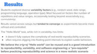 Results
Students explored diverse variability factors (e.g., random seed, data range,
programming language, operation type). Most focused on factors like number of
repetitions and value ranges, occasionally testing beyond associativity (e.g.,
commutativity).
Results varied across setups but tended to converge as experiments became more
reﬁned and controlled.
The "Hello World" task, while rich in variability, has limits:
● it doesn’t fully capture the complexity of real-world reproducibility scenarios.
● often requires digging into ﬂoating-point internals to explain subtle behaviors.
We believe the x+(y+z) “Hello world” can be reused and is a good introduction
to reproducibility, variability, and software engineering; a “pre-requisite”
before practicing reproducibility and science in a more realistic scenario 12
 