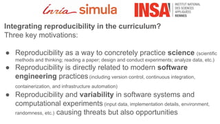 Integrating reproducibility in the curriculum?
Three key motivations:
● Reproducibility as a way to concretely practice science (scientific
methods and thinking; reading a paper; design and conduct experiments; analyze data, etc.)
● Reproducibility is directly related to modern software
engineering practices (including version control, continuous integration,
containerization, and infrastructure automation)
● Reproducibility and variability in software systems and
computational experiments (input data, implementation details, environment,
randomness, etc.) causing threats but also opportunities
 