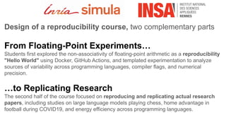 Design of a reproducibility course, two complementary parts
From Floating-Point Experiments…
Students first explored the non-associativity of floating-point arithmetic as a reproducibility
"Hello World" using Docker, GitHub Actions, and templated experimentation to analyze
sources of variability across programming languages, compiler flags, and numerical
precision.
…to Replicating Research
The second half of the course focused on reproducing and replicating actual research
papers, including studies on large language models playing chess, home advantage in
football during COVID19, and energy efficiency across programming languages.
 