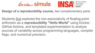 Design of a reproducibility course, two complementary parts
Students first explored the non-associativity of floating-point
arithmetic as a reproducibility "Hello World" using Docker,
GitHub Actions, and templated experimentation to analyze
sources of variability across programming languages, compiler
flags, and numerical precision.
 