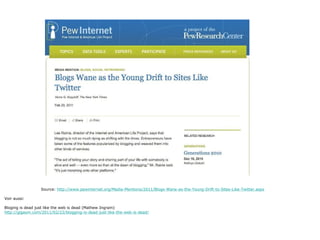 Source:  http://www.pewinternet.org/Media-Mentions/2011/Blogs-Wane-as-the-Young-Drift-to-Sites-Like-Twitter.aspx Voir aussi: Bloging is dead just like the web is dead (Mathew Ingram) http://gigaom.com/2011/02/22/blogging-is-dead-just-like-the-web-is-dead/ 