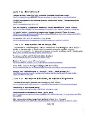 Cours # 10 : Entreprise 2.0
Changer la nature du travail dans un monde complexe (Thierry de Baillon)
http://www.debaillon.com/2011/02/changer-la-nature-du-travail-dans-un-monde-complexe/

Training employees on social media improves engagement, boosts company reputation
(Shel Holtz)
http://www.stopblocking.org/?p=200

62% des cadres en France contre les réseaux sociaux en entreprise (Minter Dialogue)
http://minterdial.fr/2011/03/62-des-cadres-en-france-contre-les-reseaux-sociaux-en-entreprise/

Les médias sociaux rendent les professionnels plus performants (Étude McKinsey)
http://www.reseaux-professionnels.fr/medias-sociaux/1411-etude-les-medias-sociaux-rendent-les-
professionnels-plus-performants.html

The Intranet isn’t dead, it’s evolving (Toby Ward)
http://socialmediatoday.com/paulsimon/546706/intranet-isn-t-dead-it-s-evolving


Cours # 11 : Gestion de crise en temps réel
La réputation de votre entreprise : est-que votre actif le plus stratégique est en danger ?
Nathalie de Marcellis-Warin et Serban Teodoresco Rapport Bourgogne, CIRANO, avril 2012
Lire la 3e partie (page 29 à 44)- Comment créer une entreprise avisée en matière de réputation
 http://www.cirano.qc.ca/pdf/publication/2012RB-02.pdf

The anatomy of a Social Media Crisis (Erica Swallow)
http://mashable.com/2011/08/31/social-media-crisis/

Oasis ou l’arroseur arrosé (Patrice Leroux)
http://patriceleroux.blogspot.ca/2012/04/oasis-ou-larroseur-arrose.html

Social Media for Crisis Management (Ogilvy PR Worldwide)
http://www.slideshare.net/360digitalinfluence/ogilvy-on-social-media-for-crisis-management

Keeping your cool in the midst of community conflict (Blaise Grimes-Viort)
http://blaisegv.com/community-management/keeping-cool-community-conflict-social-media-
community/#axzz1ObwCT45d


Cours # 12 : Les enjeux d’identités, de statuts et de pouvoir

L’identité et ses enjeux en contexte numérique (Claire Abrieux)
http://www.rslnmag.fr/post/2012/02/27/Lidentite-et-ses-enjeux-en-contexte-numerique.aspx

One identity or more ? (Jeff Jarvis)
http://www.buzzmachine.com/2011/03/08/one-identity-or-more/

Debating privacy in a networked world (Danah Boyd)
http://www.zephoria.org/thoughts/archives/2011/11/20/debating-privacy-in-a-networked-world-for-
the-wsj.html

Why transparency and privacy should go hand in hand (Don Tapscott)
http://dontapscott.com/2010/07/13/why-transparency-and-privacy-should-go-hand-in-hand/

                                                 REP2400



                                                                                                  4
 