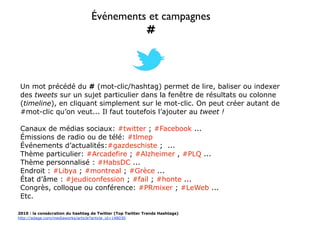 Événements et campagnes
                                           #



 Un mot précédé du # (mot-clic/hashtag) permet de lire, baliser ou indexer
 des tweets sur un sujet particulier dans la fenêtre de résultats ou colonne
 (timeline), en cliquant simplement sur le mot-clic. On peut créer autant de
 #mot-clic qu’on veut... Il faut toutefois l’ajouter au tweet !

 Canaux de médias sociaux: #twitter ; #Facebook ...
 Émissions de radio ou de télé: #tlmep
 Événements d’actualités:#gazdeschiste ; ...
 Thème particulier: #Arcadefire ; #Alzheimer , #PLQ ...
 Thème personnalisé : #HabsDC ...
 Endroit : #Libya ; #montreal ; #Grèce ...
 État d’âme : #jeudiconfession ; #fail ; #honte ...
 Congrès, colloque ou conférence: #PRmixer ; #LeWeb ...
 Etc.

2010 : la consécration du hashtag de Twitter (Top Twitter Trends Hashtags)
http://adage.com/mediaworks/article?article_id=148030
 