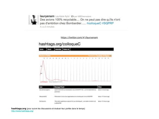 https://twitter.com/#!/lauryenam




hashtags.org (pour suivre les discussions et évaluer leur portée dans le temps)
http://www.hashtags.org/
 