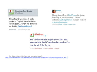 Red Cross makes twitter faux-pas, recovers gracefully
http://www.mediabistro.com/alltwitter/red-cross-makes-twitter-faux-pas-recovers-gracefully_b3477
 