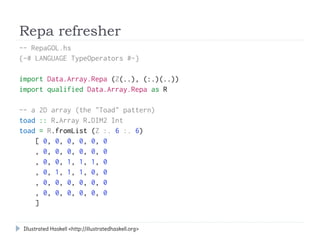 Repa refresher
-- RepaGOL.hs
{-# LANGUAGE TypeOperators #-}

import Data.Array.Repa (Z(..), (:.)(..))
import qualified Dat...