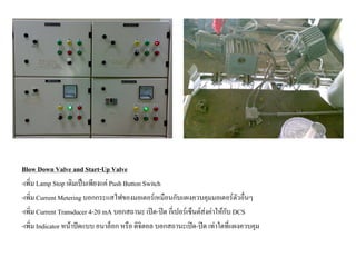 Blow Down Valve and Start-Up Valve
-เพิ่ม Lamp Stop เดิมเปนเพียงแค Push Button Switch
-เพิ่ม Current Metering บอกกระแสไฟของมอเตอรเหมือนกับแผงควบคุมมอเตอรตัวอื่นๆ
-เพิ่ม Current Transducer 4-20 mA บอกสถานะ เปด-ปด กี่เปอรเซ็นตสงคาใหกับ DCS
                                                                   
-เพิ่ม Indicator หนาปดแบบ อนาล็อก หรือ ดิจิตอล บอกสถานะเปด-ปด เทาใดที่แผงควบคุม
 