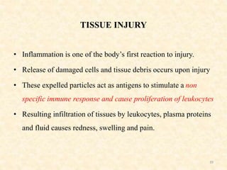 • Inflammation is one of the body’s first reaction to injury.
• Release of damaged cells and tissue debris occurs upon injury
• These expelled particles act as antigens to stimulate a non
specific immune response and cause proliferation of leukocytes
• Resulting infiltration of tissues by leukocytes, plasma proteins
and fluid causes redness, swelling and pain.
39
TISSUE INJURY
 