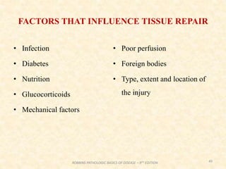FACTORS THAT INFLUENCE TISSUE REPAIR
• Infection
• Diabetes
• Nutrition
• Glucocorticoids
• Mechanical factors
• Poor perfusion
• Foreign bodies
• Type, extent and location of
the injury
49
ROBBINS PATHOLOGIC BASICS OF DISEASE – 9TH EDITION
 