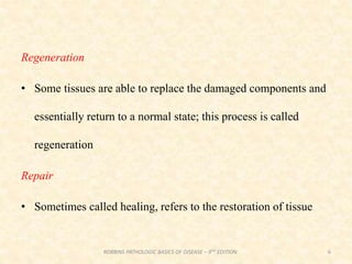 Regeneration
• Some tissues are able to replace the damaged components and
essentially return to a normal state; this process is called
regeneration
Repair
• Sometimes called healing, refers to the restoration of tissue
6
ROBBINS PATHOLOGIC BASICS OF DISEASE – 9TH EDITION
 