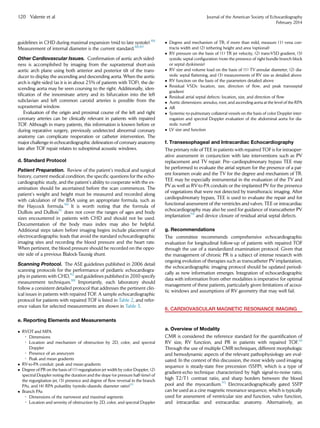 guidelines in CHD during maximal expansion (mid to late systole).88
Measurement of internal diameter is the current standard.88,89
Other Cardiovascular Issues. Conﬁrmation of aortic arch sided-
ness is accomplished by imaging from the suprasternal short-axis
aortic arch plane using both anterior and posterior tilt of the trans-
ducer to display the ascending and descending aorta. When the aortic
arch is right-sided (as it is in about 25% of patients with TOF), the de-
scending aorta may be seen coursing to the right. Additionally, iden-
tiﬁcation of the innominate artery and its bifurcation into the left
subclavian and left common carotid arteries is possible from the
suprasternal window.
Evaluation of the origin and proximal course of the left and right
coronary arteries can be clinically relevant in patients with repaired
TOF. Although in many patients, this information is known before or
during reparative surgery, previously undetected abnormal coronary
anatomy can complicate reoperation or catheter intervention. The
major challenge in echocardiographic delineation of coronary anatomy
late after TOF repair relates to suboptimal acoustic windows.
d. Standard Protocol
Patient Preparation. Review of the patient’s medical and surgical
history, current medical condition, the speciﬁc questions for the echo-
cardiographic study, and the patient’s ability to cooperate with the ex-
amination should be ascertained before the scan commences. The
patient’s weight and height must be measured and recorded along
with calculation of the BSA using an appropriate formula, such as
the Haycock formula.90
It is worth noting that the formula of
DuBois and DuBois91
does not cover the ranges of ages and body
sizes encountered in patients with CHD and should not be used.
Documentation of the body mass index may also be helpful.
Additional steps taken before imaging begins include placement of
electrocardiographic leads that avoid the standard echocardiographic
imaging sites and recording the blood pressure and the heart rate.
When pertinent, the blood pressure should be recorded on the oppo-
site side of a previous Blalock-Taussig shunt.
Scanning Protocol. The ASE guidelines published in 2006 detail
scanning protocols for the performance of pediatric echocardiogra-
phy in patients with CHD,92
and guidelines published in 2010 specify
measurement techniques.88
Importantly, each laboratory should
follow a consistent detailed protocol that addresses the pertinent clin-
ical issues in patients with repaired TOF. A sample echocardiographic
protocol for patients with repaired TOF is listed in Table 2, and refer-
ence values for selected measurements are shown in Table 3.
e. Reporting Elements and Measurements
 RVOT and MPA
◦ Dimensions
◦ Location and mechanism of obstruction by 2D, color, and spectral
Doppler
◦ Presence of an aneurysm
◦ Peak and mean gradients
 RV-to-PA conduit: peak and mean gradients
 Degree of PR on the basis of (1) regurgitation jet width by color Doppler, (2)
spectral Doppler noting the duration and the slope (or pressure half-time) of
the regurgitation jet, (3) presence and degree of ﬂow reversal in the branch
PAs, and (4) RPA pulsatility (systolic-diastolic diameter ratio)93
 Branch PAs
◦ Dimensions of the narrowest and maximal segments
◦ Location and severity of obstruction by 2D, color, and spectral Doppler
 Degree and mechanism of TR; if more than mild, measure (1) vena con-
tracta width and (2) tethering height and area (optional)
 RV pressure on the basis of (1) TR jet velocity, (2) trans-VSD gradient, (3)
systolic septal conﬁguration (note the presence of right bundle branch block
or septal dyskinesis)
 RV size and volume load on the basis of (1) TV annular diameter, (2) dia-
stolic septal ﬂattening, and (3) measurements of RV size as detailed above
 RV function on the basis of the parameters detailed above
 Residual VSDs: location, size, direction of ﬂow, and peak transseptal
gradient
 Residual atrial septal defects: location, size, and direction of ﬂow
 Aortic dimensions: annulus, root, and ascending aorta at the level of the RPA
 AR
 Systemic-to-pulmonary collateral vessels on the basis of color Doppler inter-
rogation and spectral Doppler evaluation of the abdominal aorta for dia-
stolic runoff
 LV size and function
f. Transesophageal and Intracardiac Echocardiography
The primary role of TEE in patients with repaired TOF is for intraoper-
ative assessment in conjunction with late interventions such as PV
replacement and TV repair. Pre–cardiopulmonary bypass TEE may
be performed to evaluate the atrial septum for the presence of a pat-
ent foramen ovale and the TV for the degree and mechanism of TR.
TEE may be especially instrumental in the evaluation of the TV and
PVas well as RV-to-PA conduits or the implanted PV for the presence
of vegetations that were not detected by transthoracic imaging. After
cardiopulmonary bypass, TEE is used to evaluate the repair and for
functional assessment of the ventricles and valves. TEE or intracardiac
echocardiography may also be used for guidance of transcatheter PV
implantation94
and device closure of residual atrial septal defects.
g. Recommendations
The committee recommends comprehensive echocardiographic
evaluation for longitudinal follow-up of patients with repaired TOF
through the use of a standardized examination protocol. Given that
the management of chronic PR is a subject of intense research with
ongoing evolution of therapies such as transcatheter PV implantation,
the echocardiographic imaging protocol should be updated periodi-
cally as new information emerges. Integration of echocardiographic
data with information from other modalities is imperative for optimal
management of these patients, particularly given limitations of acous-
tic windows and assumptions of RV geometry that may well fail.
6. CARDIOVASCULAR MAGNETIC RESONANCE IMAGING
a. Overview of Modality
CMR is considered the reference standard for the quantiﬁcation of
RV size, RV function, and PR in patients with repaired TOF.10
Through the use of multiple CMR techniques, different morphologic
and hemodynamic aspects of the relevant pathophysiology are eval-
uated. In the context of this discussion, the most widely used imaging
sequence is steady-state free precession (SSFP), which is a type of
gradient-echo technique characterized by high signal-to-noise ratio,
high T2/T1 contrast ratio, and sharp borders between the blood
pool and the myocardium.95
Electrocardiographically gated SSFP
can be used as a cine magnetic resonance sequence, which is typically
used for assessment of ventricular size and function, valve function,
and intracardiac and extracardiac anatomy. Alternatively, an
120 Valente et al Journal of the American Society of Echocardiography
February 2014
 