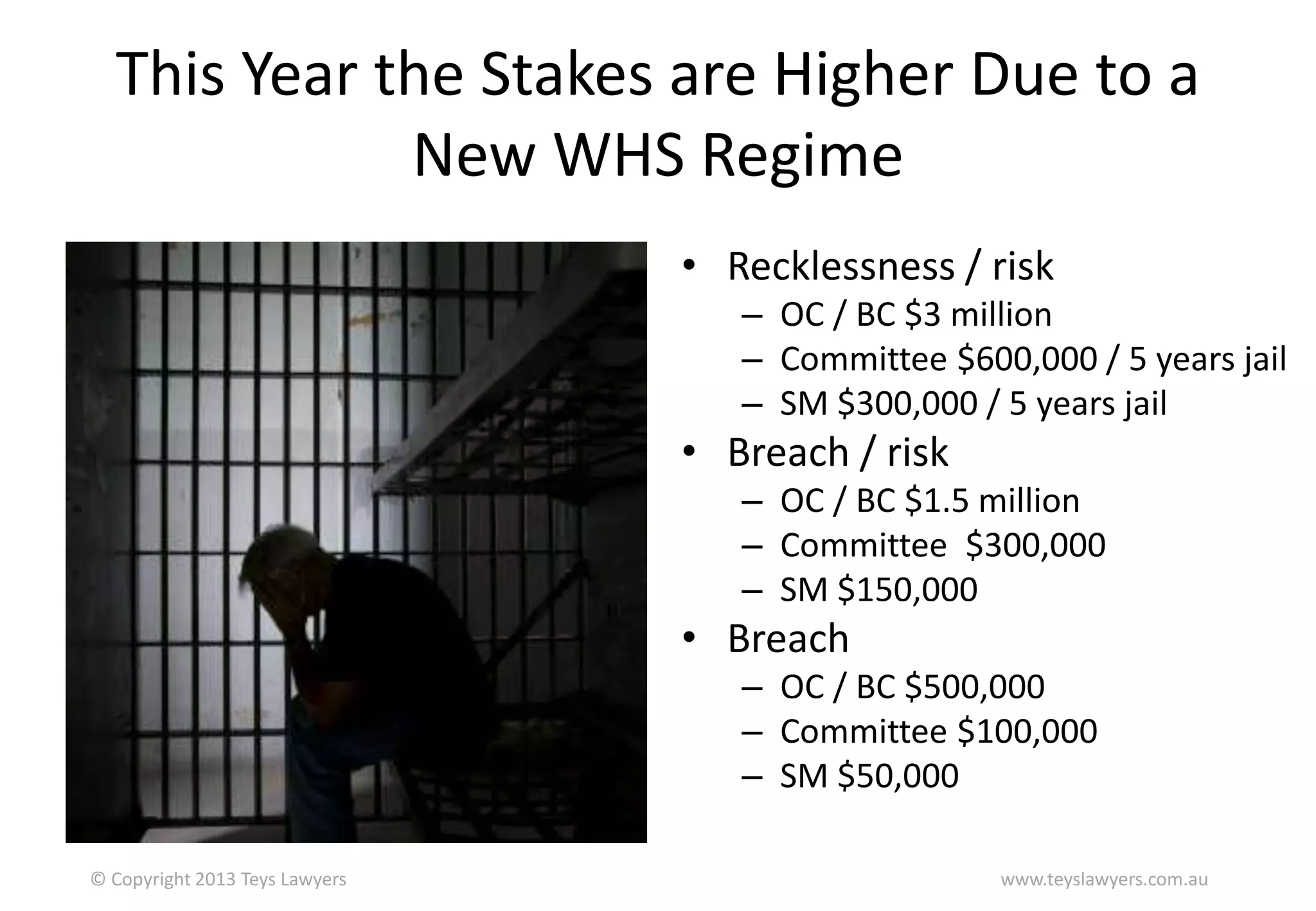 This Year the Stakes are Higher Due to a
New WHS Regime
• Recklessness / risk
– OC / BC $3 million
– Committee $600,000 / 5 years jail
– SM $300,000 / 5 years jail

• Breach / risk
– OC / BC $1.5 million
– Committee $300,000
– SM $150,000

• Breach
– OC / BC $500,000
– Committee $100,000
– SM $50,000
© Copyright 2013 Teys Lawyers

www.teyslawyers.com.au

 