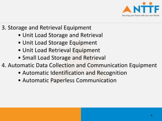 9
3. Storage and Retrieval Equipment
• Unit Load Storage and Retrieval
• Unit Load Storage Equipment
• Unit Load Retrieval Equipment
• Small Load Storage and Retrieval
4. Automatic Data Collection and Communication Equipment
• Automatic Identification and Recognition
• Automatic Paperless Communication
 
