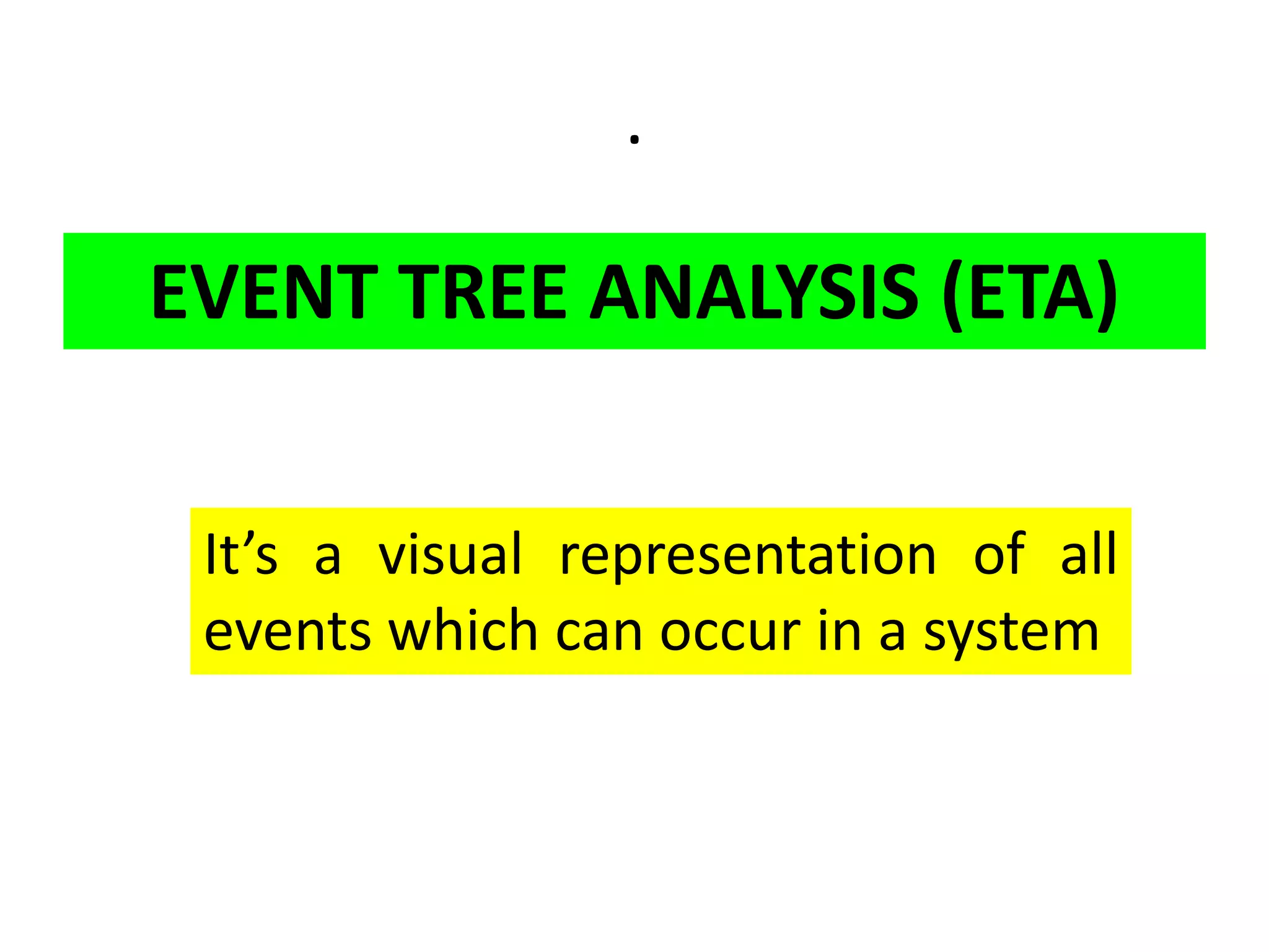 .
EVENT TREE ANALYSIS (ETA)
It’s a visual representation of all
events which can occur in a system
 