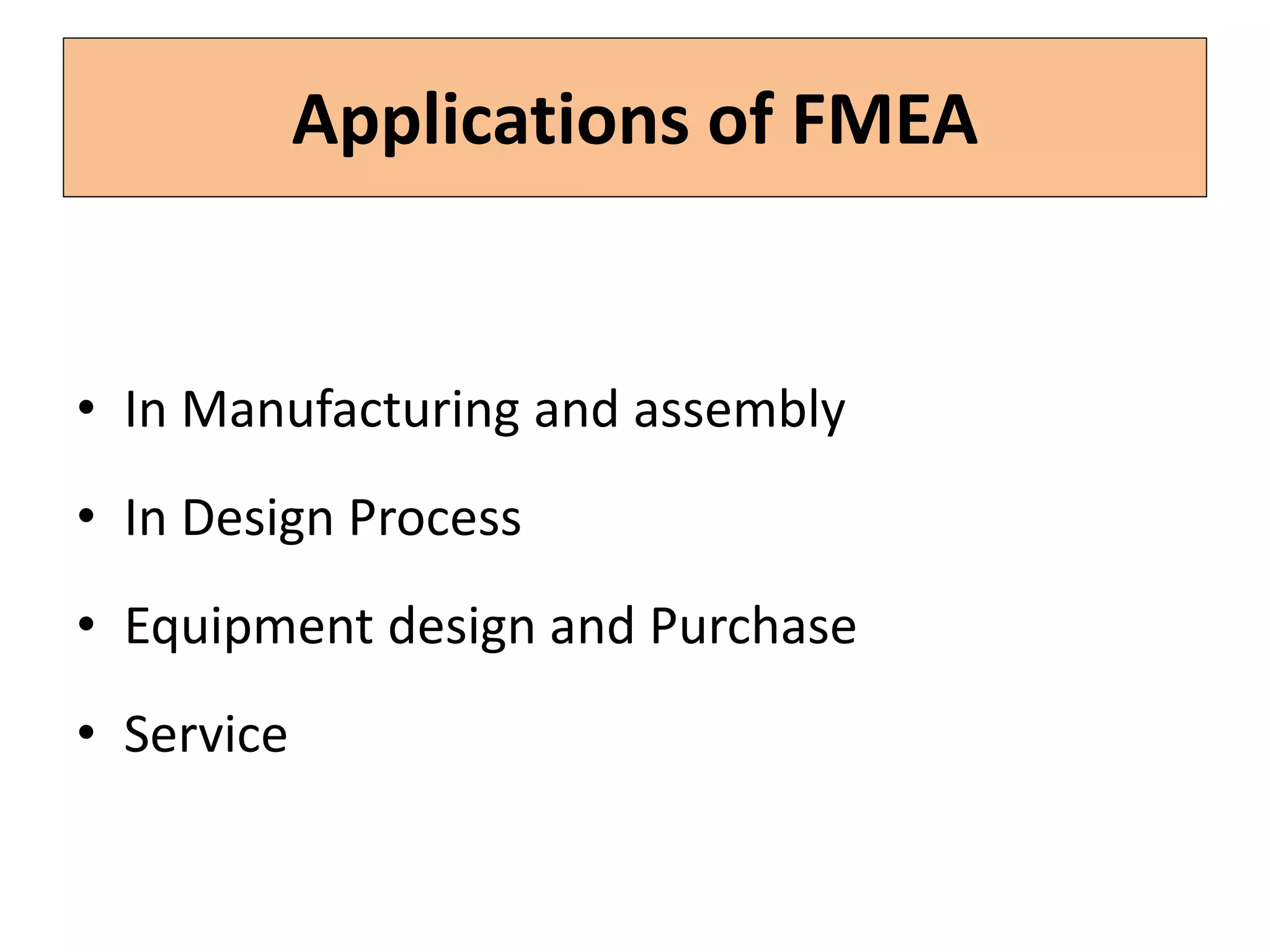 Applications of FMEA
• In Manufacturing and assembly
• In Design Process
• Equipment design and Purchase
• Service
 