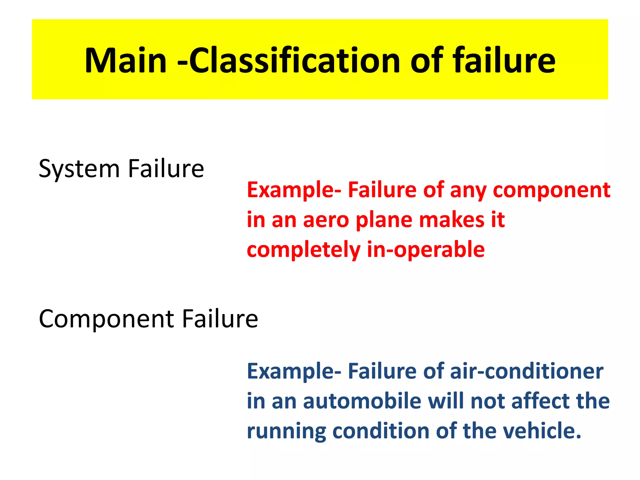 Main -Classification of failure
System Failure
Component Failure
Example- Failure of any component
in an aero plane makes it
completely in-operable
Example- Failure of air-conditioner
in an automobile will not affect the
running condition of the vehicle.
 