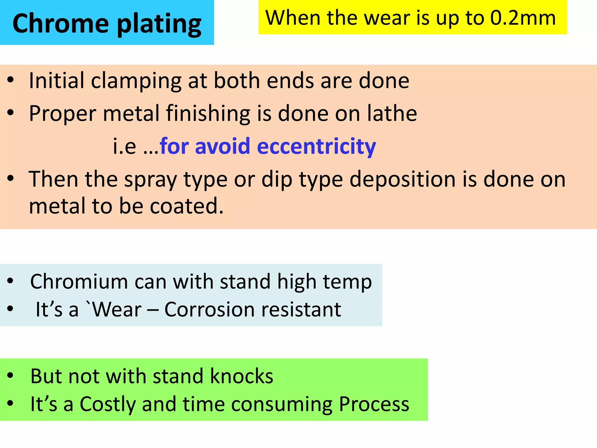 Chrome plating
• Initial clamping at both ends are done
• Proper metal finishing is done on lathe
i.e …for avoid eccentricity
• Then the spray type or dip type deposition is done on
metal to be coated.
• Chromium can with stand high temp
• It’s a `Wear – Corrosion resistant
• But not with stand knocks
• It’s a Costly and time consuming Process
When the wear is up to 0.2mm
 