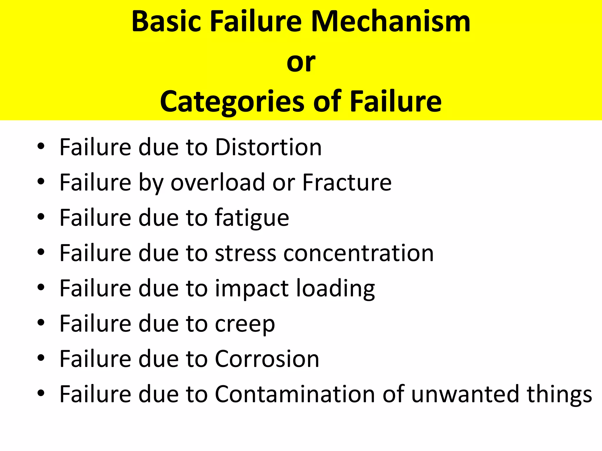 Basic Failure Mechanism
or
Categories of Failure
• Failure due to Distortion
• Failure by overload or Fracture
• Failure due to fatigue
• Failure due to stress concentration
• Failure due to impact loading
• Failure due to creep
• Failure due to Corrosion
• Failure due to Contamination of unwanted things
 