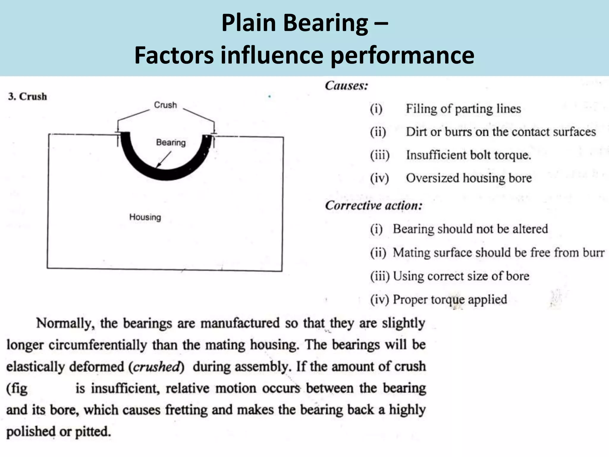 Plain Bearing –
Factors influence performance
 