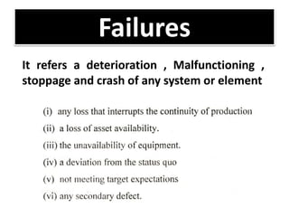 Failures
It refers a deterioration , Malfunctioning ,
stoppage and crash of any system or element
 