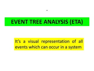 .
EVENT TREE ANALYSIS (ETA)
It’s a visual representation of all
events which can occur in a system
 