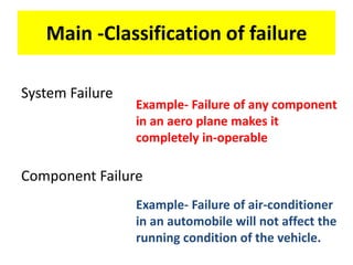 Main -Classification of failure
System Failure
Component Failure
Example- Failure of any component
in an aero plane makes it
completely in-operable
Example- Failure of air-conditioner
in an automobile will not affect the
running condition of the vehicle.
 