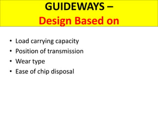 • Load carrying capacity
• Position of transmission
• Wear type
• Ease of chip disposal
GUIDEWAYS –
Design Based on
 