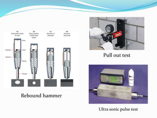 Rebound hammer
Ultra sonic pulse test
Pull out test
 