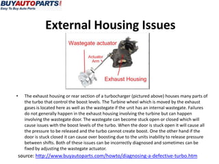 External Housing Issues




•   The exhaust housing or rear section of a turbocharger (pictured above) houses many parts of
    the turbo that control the boost levels. The Turbine wheel which is moved by the exhaust
    gases is located here as well as the wastegate if the unit has an internal wastegate. Failures
    do not generally happen in the exhaust housing involving the turbine but can happen
    involving the wastegate door. The wastegate can become stuck open or closed which will
    cause issues with the boost levels of the turbo. When the door is stuck open it will cause all
    the pressure to be released and the turbo cannot create boost. One the other hand if the
    door is stuck closed it can cause over boosting due to the units inability to release pressure
    between shifts. Both of these issues can be incorrectly diagnosed and sometimes can be
    fixed by adjusting the wastegate actuator.
source: http://www.buyautoparts.com/howto/diagnosing-a-defective-turbo.htm
 
