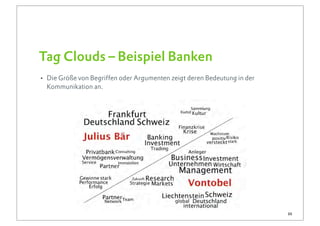 Tag Clouds – Beispiel Banken
• Die Größe von Begriffen oder Argumenten zeigt deren Bedeutung in der
  Kommunikation an.




                                                                         33
 