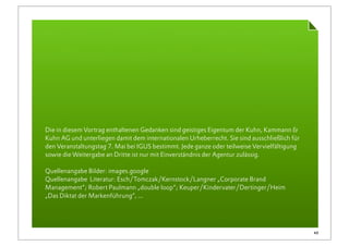 Die in diesem Vortrag enthaltenen Gedanken sind geistiges Eigentum der Kuhn, Kammann &
Kuhn AG und unterliegen damit dem internationalen Urheberrecht. Sie sind ausschließlich für
den Veranstaltungstag 7. Mai bei IGUS bestimmt. Jede ganze oder teilweise Vervielfältigung
sowie die Weitergabe an Dritte ist nur mit Einverständnis der Agentur zulässig.

Quellenangabe Bilder: images.google
Quellenangabe Literatur: Esch/Tomczak/Kernstock/Langner „Corporate Brand
Management“; Robert Paulmann „double loop“; Keuper/Kindervater/Dertinger/Heim
„Das Diktat der Markenführung“, ...




                                                                                              43
 