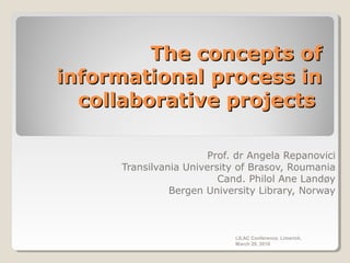 The concepts ofThe concepts of
informational process ininformational process in
collaborative projectscollaborative projects
Prof. dr Angela Repanovici
Transilvania University of Brasov, Roumania
Cand. Philol Ane Landøy
Bergen University Library, Norway
LILAC Conference, Limerick,
March 29, 2010
 