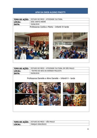 APM DA EMEB ALDINO PINOTTI
11
TIPO DE AÇÃO: ESTUDO DO MEIO – ATIVIDADE CULTURAL
LOCAL: SESC SANTO ANDRÉ
DATA: 20/06/2018
Professoras Cecília e Marta – Infantil IV tarde
TIPO DE AÇÃO: ESTUDO DO MEIO – ATIVIDADE CULTURAL EM SÃO PAULO
LOCAL: TEATRO DO SESI DA AVENIDA PAULISTA
DATA: 04/09/2018
Professoras Danielle e Aline Danielle – Infantil V - tarde
TIPO DE AÇÃO: ESTUDO DO MEIO – SÃO PAULO
LOCAL: PARQUE ZOOLÓGICO
 