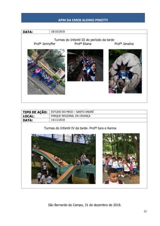 APM DA EMEB ALDINO PINOTTI
12
DATA: 18/10/2018
Turmas do Infantil III do período da tarde
Profª Jennyffer Profª Eliana Profª Janaína
TIPO DE AÇÃO: ESTUDO DO MEIO – SANTO ANDRÉ
LOCAL: PARQUE REGIONAL DA CRIANÇA
DATA: 14/11/2018
Turmas do Infantil IV da tarde- Profª Iara e Karina
São Bernardo do Campo, 31 de dezembro de 2018.
 