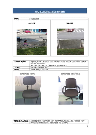 APM DA EMEB ALDINO PINOTTI
6
DATA: 07/12/2018
ANTES DEPOIS
TIPO DE AÇÃO: AQUISIÇÃO DE CADEIRAS GIRATÓRIAS E FIXAS PARA A DIRETORIA E SALA
DAS PROFESSORAS
RECURSO DE CAPITAL - MATERIAL PERMANENTE
LOCAL: EMEB ALDINO PINOTTI
DATA: 02 DE MARÇO DE 2018
8 UNIDADES - FIXAS 2 UNIDADES- GIRATÓRIAS
TIPO DE AÇÃO: AQUISIÇÃO DE CAIXAS DE SOM PORTÁTEIS, MARCA JBL, MODELO FLIP 4 –
MATERIAL PERMANENTE – RECURSOS DE CAPITAL
 