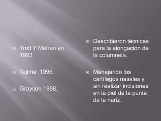 Trott Y Mohan en 1993Tajima  1995.Grayson 1998.Describieron técnicas para la elongación de la columnela.Manejando los cartílagos nasales y sin realizar incisiones en la piel de la punta de la nariz.