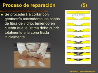 Profesor: César Malo RoldánProceso de reparación 			(5)Se procederá a cortar con geometría ascendente las capas de fibra de vidrio, teniendo en cuenta que la última debe cubrir totalmente a la zona lijada inicialmente.