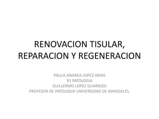 RENOVACION TISULAR,
REPARACION Y REGENERACION
             PAULA ANDREA LOPEZ ARIAS
                   R1 PATOLOGIA
            GUILLERMO LOPEZ GUARNIZO
  PROFESOR DE PATOLOGIA UNIVERSIDAD DE MANIZALES.
 