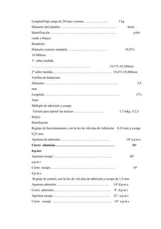 Longitud bajo carga de 20 mas o menos ………………… 1 kg
Diámetro del alambre……………………………………………. 4mm
Identificación……………………………………………………. color
verde o blanco
Botadores
Diámetro exterior standard………………………………. 18,971-
18.980mm
1ª sobre medida
……………………………………………… 19,171-19,180mm
2ª sobre medida………………………………………………. 19,471-19,480mm
Varillas de balancines
Diámetro…………………………………………………………… 5,5
mm
Longitud……………………………………………………………. 173,
3mm
Múltiple de admisión y escape
Torsión para apretar las tuercas ……………………… 1,7 mkg (12,5
lb/pie)
Distribución
Reglaje de funcionamiento, con la luz de válvulas de Admisión 0,18 mm y escape
0,25 mm
Apertura de admisión……………………………………… 10º a.p.m.s
Cierre admisión………………………………………………. 34º
d.p.m.i
Apertura escape………………………………………………. 46º
a.p.m.i
Cierre escape…………………………………………………… 10º
d.p.m.s
Reglaje de control, con la luz de válvulas de admisión y escape de 1,5 mm
Apertura admisión…………………………………………. 14º d.p.m.s.
Cierre admisión…………………………………………….. 9º d.p.m.i
Apertura escape ……………………………………………. 21º a.p.m.i
Cierre escape ……………………………………………… 14º a.p.m.s
 