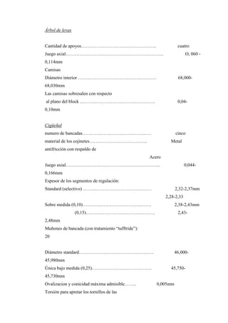 Árbol de levas
Cantidad de apoyos…………………………………………. cuatro
Juego axial………………………………………………………. O, 060 -
0,114mm
Camisas
Diámetro interior …………………………………………… 68,000-
68,030mm
Las camisas sobresalen con respecto
al plano del block …………………………………………. 0,04-
0,10mm
Cigüeñal
numero de bancadas……………………………………… cinco
material de los cojinetes……………………………….. Metal
antifricción con respaldo de
Acero
Juego axial…………………………………………………….. 0,044-
0,166mm
Espesor de los segmentos de regulación:
Standard (selectivo) ……………………………………… 2,32-2,37mm
2,28-2,33
Sobre medida (0,10)……………………………………… 2,38-2,43mm
(0,15)……………………………………… 2,43-
2,48mm
Muñones de bancada (con tratamiento “tufftride”):
20
Diámetro standard…………………………………………. 46,000-
45,980mm
Única bajo medida (0,25)………………………………… 45,750-
45,730mm
Ovalizacion y conicidad máxima admisible…….. 0,005mm
Torsión para apretar los tornillos de las
 